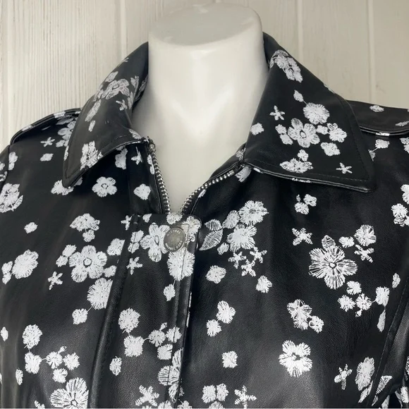 Michael Michael Kors Moto Jacket M Black White Flowers Floral Faux Leather - Picture 5 of 10